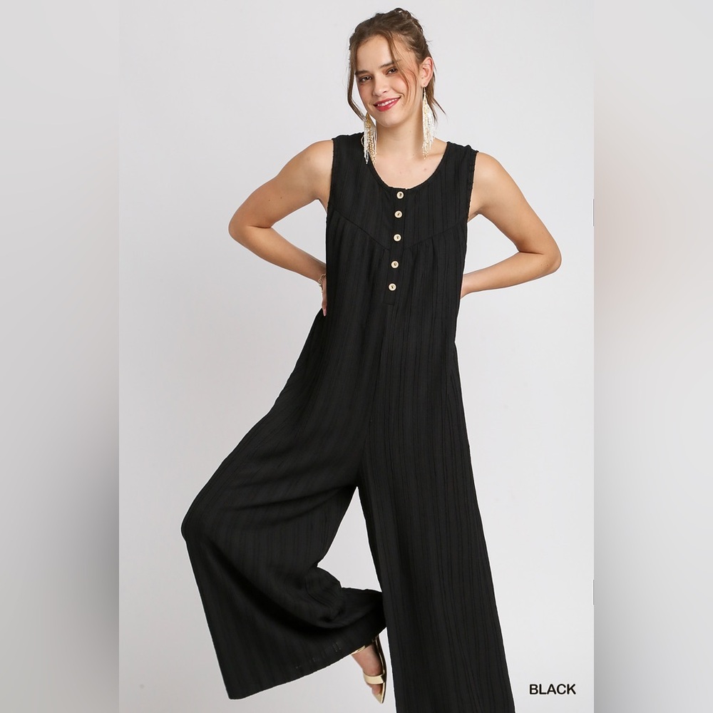 Umgee Black Sleeveless Wide-Leg Jumpsuit with Gold Buttons - Picture 3 of 12